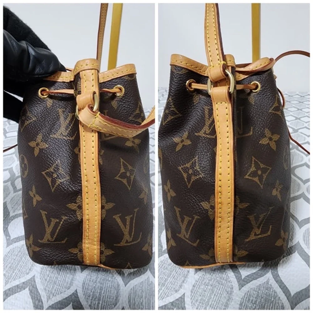 Authentic LOUIS VUITTON Monogram Nano Noe Bucket Bag Brown/Beige